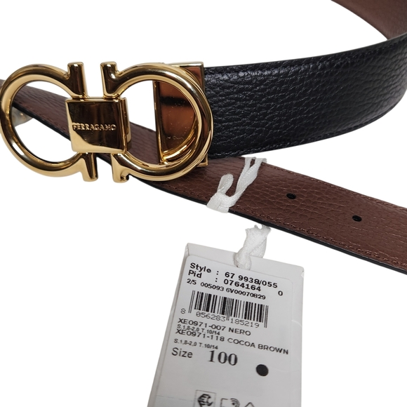 Ferragamo Double Gancini Reversible Leather Black Brown Belt w/ Gold Buckle NEW - Picture 7 of 11